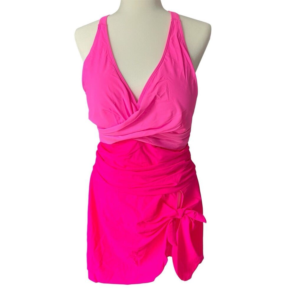 NWT Swim Dress Sz 2X Slit Gathered Skirt V Neck Wrapped Ruched‎ Criss Cross Back